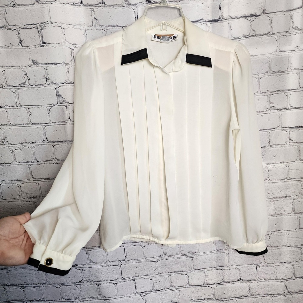 Jordan Petite Vintage Cream Pleated Blouse Black Trim Victorian Shirt Womens 8P